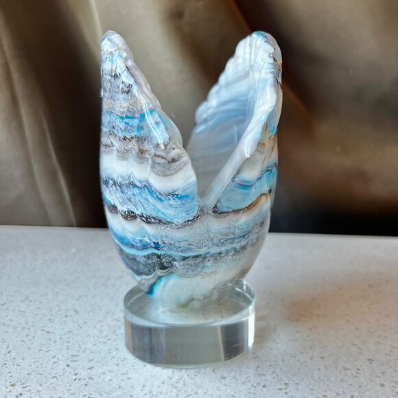 Handcrafted Blown Glass Shell Sculpture With Oceanic Swirls On Clear Base - Picture 3 of 7